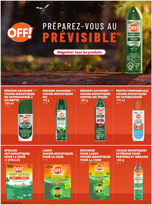 Home Hardware - Page 8. La page est dédiée aux produits anti-moustiques de la marque OFF!. En haut, une bannière sur fond sombre avec un moustique et le texte "PRÉPAREZ-VOUS AU PRÉVISIBLE" invite à "Magasiner tous les produits". La page présente huit produits, organisés en deux rangées sur un fond orange uni. La première rangée, de gauche à droite, inclut : un chasse-moustiques OFF! Régions Sauvages en vaporisateur à gâchette de 100 ml; un chasse-moustiques OFF! Régions Sauvages sec de 113 g; un chasse-moustiques OFF! Régions Sauvages contre les tiques de 255 g; et un chasse-moustiques OFF! Protection Familiale en vaporisateur de 175 ml. La deuxième rangée, également de gauche à droite, propose : des spirales anti-moustiques OFF! pour la cour, paquet de 8 spirales; une lampe chasse-moustiques OFF! pour la cour; une recharge OFF! pour lampe chasse-moustiques pour la cour; et un chasse-moustiques extérieur OFF! pour parterre et terrasse de 350 g.