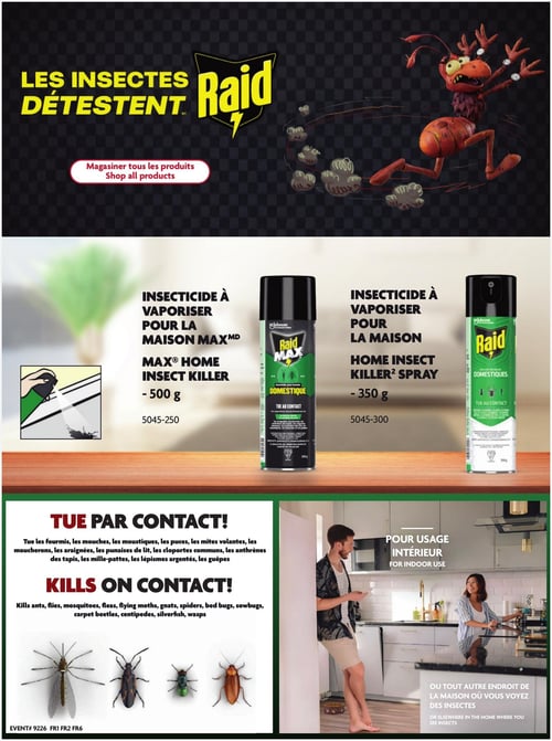 Circulaire Home Hardware - Page 9. La page est dominée par une bannière promotionnelle pour Raid, affichant le slogan "LES INSECTES DÉTESTENT Raid" en lettres jaunes sur un fond quadrillé sombre. Une fourmi de dessin animé, l'air effrayé, court à droite de l'écran. Un bouton invite à "Magasiner tous les produits". Deux insecticides en aérosol Raid sont présentés. À gauche, l'insecticide à vaporiser Raid Max pour la maison, format 500 g (code 5045-250), avec une illustration d'une main vaporisant un insecte. À droite, l'insecticide à vaporiser Raid pour la maison, format 350 g (code 5045-300). Une section intitulée "TUE PAR CONTACT!" liste les insectes ciblés : fourmis, mouches, moustiques, puces, mites volantes, moucherons, araignées, punaises de lit, cloportes communs, anthrènes des tapis, mille-pattes, lépismes argentés et guêpes. Quatre illustrations d'insectes (un moustique, une punaise, un coléoptère et une blatte) sont affichées. Une photo de style de vie montre un couple dans une cuisine moderne. Le texte indique "Pour usage intérieur" et "Ou tout autre endroit de la maison où vous voyez des insectes".