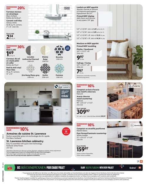Circulaire Home Hardware - Page 13. La page présente des produits de rénovation pour la cuisine et les revêtements. En haut à gauche, économisez 20 % sur les carreaux muraux en céramique blanc brillant, vendus en boîtes de 16,46 pieds carrés, à 2,34 $ le pied carré (était 3,00 $). À droite, des lambris en MDF apprêté sont offerts pour ajouter charme et texture, avec des dimensions variées : 1/2 po x 5-5/16 po à 1,69 $ le pied linéaire, 1/2 po x 7-5/16 po à 1,89 $ le pied linéaire, et des planches de 8 pieds de long à 13,52 $ ou 14,24 $ chacune selon la largeur. Des moulures en MDF apprêté sont aussi disponibles : plinthe 3/4 po x 3-1/2 po x 8 pi à 9,97 $ chacun et cadrage 3/4 po x 2-1/2 po x 8 pi à 7,67 $ chacun. Au centre gauche, économisez 30 % sur les carreaux de sol en vinyle peler et coller, vendus en boîtes de 10 pieds carrés, à 1,69 $ le pied carré (était 2,50 $). Ils sont disponibles en plusieurs motifs et couleurs, incluant Lonsdale Anthracite/Charcoal, Blakely Beige, Biscotto, Gris Remy, Gothic et Fontaine. En bas à gauche, économisez 10 % sur les armoires de cuisine St. Lawrence, faciles à assembler avec un fini blanc Fairbank. Les charnières à fermeture en douceur sont incluses, mais les boutons, poignées et tirettes sont vendus séparément. En bas à droite, économisez 10 % sur les comptoirs. Un comptoir en bois d'acacia naturel avec motif à chevrons est offert en 96 po x 25-1/2 po x 1-1/2 po à 309,97 $ (était 349,99 $), et en 74 po x 40 po x 1-1/2 po à 359,97 $ (était 399,99 $). Un comptoir en stratifié postformé Marbre blanc de 72 po x 25-1/2 po x 1-1/4 po est à 159,97 $ (était 179,99 $), avec d'autres couleurs disponibles.