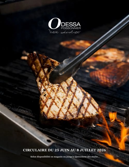 Circulaire Odessa Poissonnier - Page 1. La page de couverture présente un gros plan d'un steak de poisson, probablement du thon ou de l'espadon, en train d'être grillé sur un barbecue. Une pince à barbecue tient le poisson, qui arbore des marques de cuisson distinctes. Des flammes sont visibles sous la grille. Le logo "Odessa Poissonnier, Votre spécialiste" est affiché en haut de la page. La circulaire est valide du 25 juin au 8 juillet 2026, selon la disponibilité en magasin ou jusqu'à épuisement des stocks.
