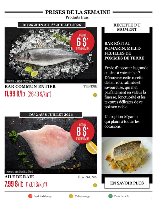 Odessa Poissonnier - Page 2. La page est intitulée "Prises de la semaine - Produits frais".
La première offre, valide du 25 juin au 1er juillet 2026, présente le Bar commun entier de Tunisie. Il est affiché à 11,99 $ la livre (26,43 $ le kilogramme), comparativement à un prix régulier de 14,99 $ la livre (33,05 $ le kilogramme). Une bulle rouge indique "Jusqu'à 6 $ d'économie!". Un point jaune signale qu'il s'agit d'un produit de pêche sauvage.
La deuxième offre, valide du 2 au 8 juillet 2026, propose l'Aile de raie des États-Unis. Le prix est de 7,99 $ la livre (17,61 $ le kilogramme), au lieu de 11,99 $ la livre (26,43 $ le kilogramme). Une bulle rouge indique "Jusqu'à 8 $ d'économie!". Un point rouge signale qu'il s'agit d'un produit d'élevage.
Sur la droite, une section "Recette du moment" met en vedette une recette de "Bar rôti au romarin, mille-feuilles de pommes de terre". La description invite à découvrir cette recette raffinée et savoureuse, qui met en valeur la finesse, l'onctuosité et les textures délicates de ce poisson noble, une option élégante pour toutes les occasions. Une photo du plat est incluse.
En bas de page, une légende explique les symboles : un point rouge pour "Produit d'élevage", un point jaune pour "Pêche sauvage" et un point vert pour "Choix durable".