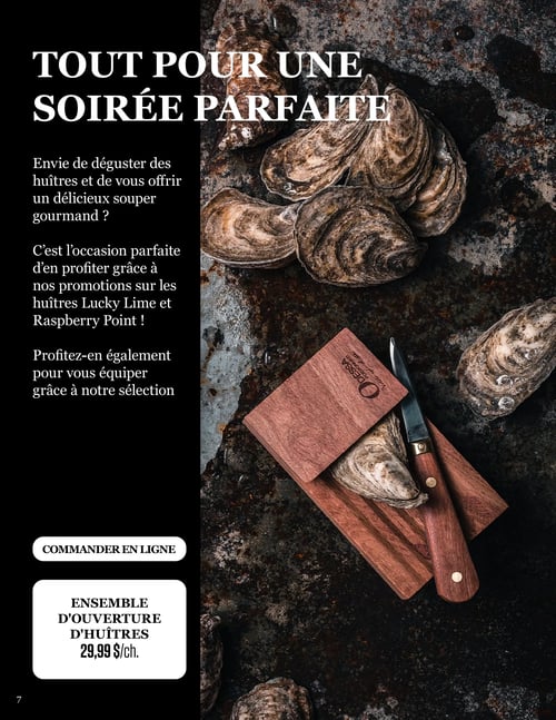 Circulaire Odessa Poissonnier - Page 7. La page est intitulée "TOUT POUR UNE SOIRÉE PARFAITE". Elle présente une grande image d'huîtres sur une surface sombre et mouillée, avec un ensemble d'ouverture d'huîtres comprenant un couteau et une planche en bois. Le texte invite à déguster des huîtres et à profiter des promotions sur les huîtres Lucky Lime et Raspberry Point. Un "Ensemble d'ouverture d'huîtres" est offert à 29,99 $ l'unité. Il est également mentionné de commander en ligne.
