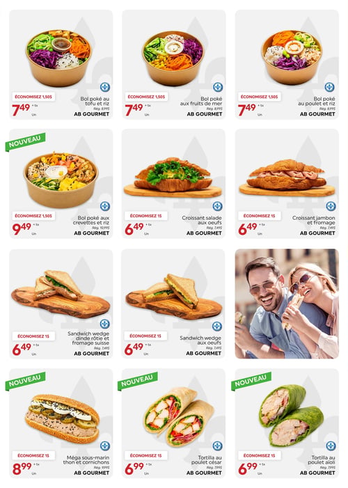 Circulaire La Boite à Grains - Page 4. La page présente une variété de repas préparés AB GOURMET. En haut, trois bols poké sont offerts à 7,49 $ chacun, une économie de 1,50 $ sur le prix régulier de 8,99 $. Il y a un bol poké au tofu et riz, un aux fruits de mer, et un au poulet et riz. La deuxième rangée commence avec un nouveau bol poké aux crevettes et riz à 9,49 $, une économie de 1,50 $ sur le prix régulier de 10,99 $. Suivent deux croissants, un à la salade aux œufs et un au jambon et fromage, tous deux à 6,49 $, économisant 1 $ sur le prix régulier de 7,49 $. La troisième rangée propose deux sandwichs wedge à 6,49 $ chacun, une économie de 1 $ sur le prix régulier de 7,49 $: un à la dinde rôtie et fromage suisse, et un aux œufs. À droite de ces sandwichs, une grande photo montre un couple souriant mangeant des sandwichs. La dernière rangée présente trois nouveautés, toutes à 1 $ de rabais. Un méga sous-marin au thon et cornichons est à 8,99 $ (rég. 9,99 $). Deux tortillas sont à 6,99 $ chacune (rég. 7,99 $): une au poulet césar et une au poulet aïoli.