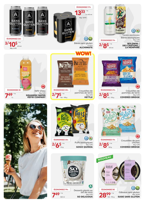 Circulaire La Boite à Grains - Page 8. La page présente plusieurs offres de produits sans gluten et biologiques. En haut, les bières sans gluten Alchimiste sont offertes : 3 canettes de 473 ml pour 10 $ (rég. 4,49 $ chacune), économisez 26 %, ou un paquet de 4 canettes de 473 ml pour 13,33 $ (rég. 15,99 $), économisez 17 %. À droite, les bières biologiques Boldwin, Des Cantons ou La Memphre (variétés sélectionnées) sont à 2 canettes de 473 ml pour 8 $ (rég. 4,49 $ chacune), économisez 11 %. Au centre, le kéfir d'eau Squamish Water Kefir Company de 1 litre est à 7,49 $ (rég. 9,49 $), économisez 2 $. Les croustilles de pommes de terre Kettle (saveurs Sel marin ou Miel et Dijon) sont à 2 sacs de 156-198 g pour 7 $ (rég. 4,99 $ chacun), économisez 30 %. Les croustilles de pommes de terre Covered Bridge (saveurs Assaisonnées ou Sel de mer) sont à 2 sacs de 142-170 g pour 8 $ (rég. 5,49 $ chacun), économisez 27 %. En bas, les puffs biologiques GoGo Quinoa (saveurs Cornichons à l'aneth ou Faux fromage cheddar blanc) sont à 2 sacs de 113 g pour 6 $ (rég. 4,49 $ chacun), économisez 33 %. Les croustilles de pois chiches Covered Bridge (saveurs Aneth crémeux ou Plaine et simple) sont à 2 sacs de 120 g pour 8 $ (rég. 4,79 $ chacun), économisez 17 %. Les desserts glacés au lait de coco So Delicious (saveur Vanille à la noix de coco) sont à 7,49 $ pour 500 ml (rég. 9,29 $), économisez 19 %. Enfin, NOUVEAU, les gâteaux sans gluten Susie Sans Gluten (saveurs Biscuits et crème ou Chocolat et framboise) sont à 28,99 $ pour 728-792 g (rég. 36,99 $), économisez 8 $.