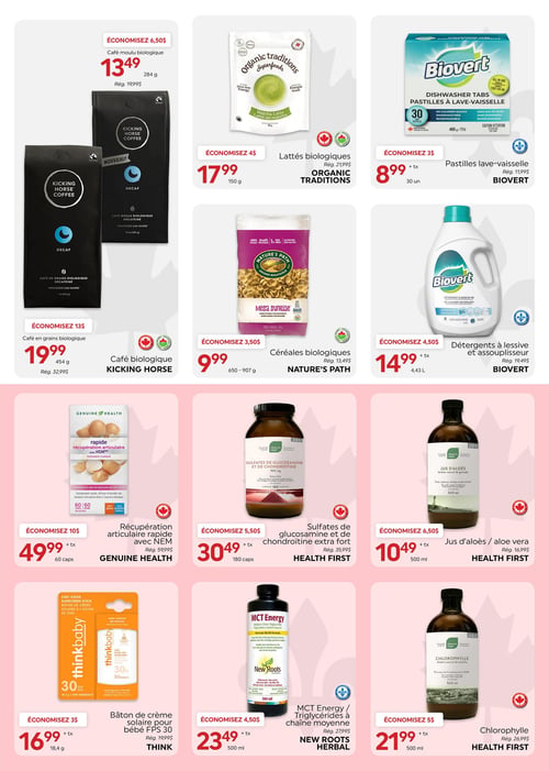 Circulaire La Boite à Grains - Page 11. La page présente douze produits en promotion, organisés en quatre rangées de trois. En première rangée, on trouve le café moulu biologique décaféiné Kicking Horse de 284 g à 13,49 $ (rég. 19,99 $), les lattés biologiques Matcha Latté Organic Traditions de 150 g à 17,99 $ (rég. 21,99 $), et les pastilles lave-vaisselle tout-en-un Biovert de 30 unités à 8,99 $ + taxes (rég. 11,99 $). La deuxième rangée propose le café en grains biologique décaféiné Kicking Horse de 454 g à 19,99 $ (rég. 32,99 $), les céréales biologiques Mesa Sunrise Nature's Path de 650 à 907 g à 9,99 $ (rég. 13,49 $), et le détergent à lessive et assouplisseur Biovert de 4,43 litres à 14,99 $ + taxes (rég. 19,49 $). La troisième rangée inclut la récupération articulaire rapide avec NEM Genuine Health de 60 capsules à 49,99 $ + taxes (rég. 59,99 $), les sulfates de glucosamine et de chondroïtine extra fort Health First de 180 capsules à 30,49 $ + taxes (rég. 35,99 $), et le jus d'aloès arôme naturel de grenade Health First de 500 ml à 10,49 $ + taxes (rég. 16,99 $). Enfin, la quatrième rangée présente le bâton de crème solaire pour bébé FPS 30 Thinkbaby de 18,4 g à 16,99 $ + taxes (rég. 19,99 $), le MCT Energy triglycérides à chaîne moyenne New Roots Herbal de 500 ml à 23,49 $ + taxes (rég. 27,99 $), et la chlorophylle arôme naturel de menthe Health First de 500 ml à 21,99 $ + taxes (rég. 26,99 $).