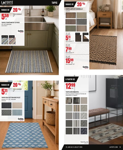 Circulaire Laferté - Catalogue Couvre-planchers - Page 18. La page présente diverses offres de tapis. En haut à gauche, un tapis tissé motif à pois de 20 x 30 pouces, réversible, est offert à 5,59 $ chacun (prix courant 6,99 $), disponible en bleu et vert ou couleurs d'automne, de la marque Safdie & Co. Inc. En haut à droite, des tapis en jute et chenille assortis, réversibles avec franges, sont en rabais de 20 %. Les formats et prix sont : 18 x 30 pouces à 5,11 $ (prix courant 6,39 $), 24 x 36 pouces à 7,99 $ (prix courant 9,99 $) et 36 x 48 pouces à 15,99 $ (prix courant 19,99 $), également de Safdie & Co. Inc. En bas à gauche, un tapis en coton recyclé assorti de 18 x 30 pouces, réversible, est à 5,11 $ chacun (prix courant 6,39 $), de Safdie & Co. Inc. Enfin, en bas à droite, des tapis décoratifs assortis, disponibles en plusieurs couleurs et formats, sont offerts à partir de 12,99 $ chacun, de la marque Venture Contract.