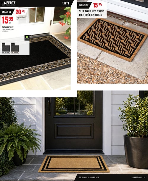 Circulaire Laferté - Page 19. La page présente deux offres de tapis d'entrée. À gauche, un tapis d'entrée avec un cadre texturé, mesurant 2 pieds par 3 pieds, est offert à 15,99 $ (prix courant 19,99 $), soit un rabais de 20 %. Ce tapis est disponible en gris et en brun, et porte le logo "Floor Choice". À droite, un rabais de 15 % est appliqué sur tous les tapis d'entrée en coco, illustré par un tapis en coco avec un motif géométrique noir. La circulaire est valide du 25 juin au 8 juillet 2026.