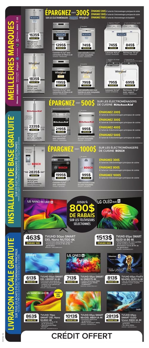 Circulaire Meubles Léon - Page 6. Cette page met en vedette les meilleures marques d'électroménagers et de téléviseurs, avec des promotions sur l'installation et la livraison. La colonne de gauche affiche les logos des marques LG, Bosch, Electrolux, GE Appliances, Whirlpool, Frigidaire, Samsung et Hisense, ainsi que les offres d'installation de base gratuite sur électroménagers sélectionnés et de livraison locale gratuite sur les achats d'électroménagers principaux de 799 $ et plus. Économisez jusqu'à 300 $ sur les électroménagers Maytag et Whirlpool. Chez Maytag, un réfrigérateur de 19,6 pi³ à porte à 2 battants est à 1635 $ (écofrais inclus, économisez 100 $). Une cuisinière de 5,3 pi³ avec convection et friture à air est à 1295 $ (économisez 50 $). Un lave-vaisselle à cuve en acier inoxydable est à 745 $. Une laveuse de 4,8 pi³ est à 745 $ et une sécheuse de 7,0 pi³ est à 845 $. Chez Whirlpool, un réfrigérateur de 31,0 pi³ à porte à 2 battants est à 1835 $ (écofrais inclus, économisez 100 $). Une cuisinière de 5,3 pi³ avec convection et friture à air est à 1195 $. Un lave-vaisselle à cuve hybride en acier inoxydable est à 795 $. Une laveuse de 5,4 pi³ est à 795 $ (économisez 50 $) et une sécheuse de 7,0 pi³ avec vapeur est à 695 $ (économisez 50 $). Économisez jusqu'à 500 $ sur les électroménagers de cuisine KitchenAid et jusqu'à 1000 $ sur ceux de Bosch, avec des rabais progressifs selon le nombre d'appareils achetés. Un réfrigérateur KitchenAid de 30,0 pi³ résistant aux traces de doigts est à 2335 $. Une cuisinière KitchenAid de 5,3 pi³ avec convection est à 2195 $. Un lave-vaisselle KitchenAid en acier inoxydable est à 995 $. Un réfrigérateur Bosch de 26,0 pi³ résistant aux traces de doigts est à 2835 $. Une cuisinière Bosch de 5,8 pi³ avec convection est à 1995 $. Un lave-vaisselle Bosch en acier inoxydable est à 995 $. Jusqu'à 800 $ de rabais sont offerts sur les téléviseurs sélectionnés. Parmi les offres : un téléviseur LG NanoCell 4K Ultra HD de 50 pouces est à 463 $ (écofrais inclus, économisez 100 $), un LG OLED evo de 65 pouces est à 1513 $ (écofrais inclus, économisez 800 $), un Samsung Crystal Ultra HD de 55 pouces est à 613 $ (écofrais inclus, économisez 50 $), un LG QNED de 75 pouces est à 713 $ (écofrais inclus, économisez 100 $), un Hisense ULED FireTV MiniLED QLED de 65 pouces est à 813 $ (écofrais inclus, économisez 300 $), un LG NanoCell 4K Ultra HD de 70 pouces est à 863 $ (écofrais inclus, économisez 50 $), un Samsung MiniLED de 65 pouces est à 1013 $ (écofrais inclus, économisez 200 $), et un Samsung OLED Vision S90H de 65 pouces est à 2813 $ (écofrais inclus, économisez 500 $). En bas de page, on lit 'Crédit offert'.