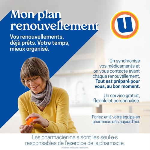 Circulaire Uniprix - Page 6. La page met en avant le service "Mon plan renouvellement" avec le slogan "Vos renouvellements, déjà prêts. Votre temps, mieux organisé.". Une femme souriante, portant des lunettes et un foulard, est visible en train de manipuler une bouteille de pilules orange. À droite, le texte détaille le service : "On synchronise vos médicaments et on vous contacte avant chaque renouvellement. Tout est préparé pour vous, au bon moment. Un service gratuit, flexible et personnalisé. Parlez-en à votre équipe en pharmacie dès aujourd'hui.". En bas de page, une note précise : "Les pharmacien·ne·s sont les seul·e·s responsables de l'exercice de la pharmacie. Certaines conditions s'appliquent.".