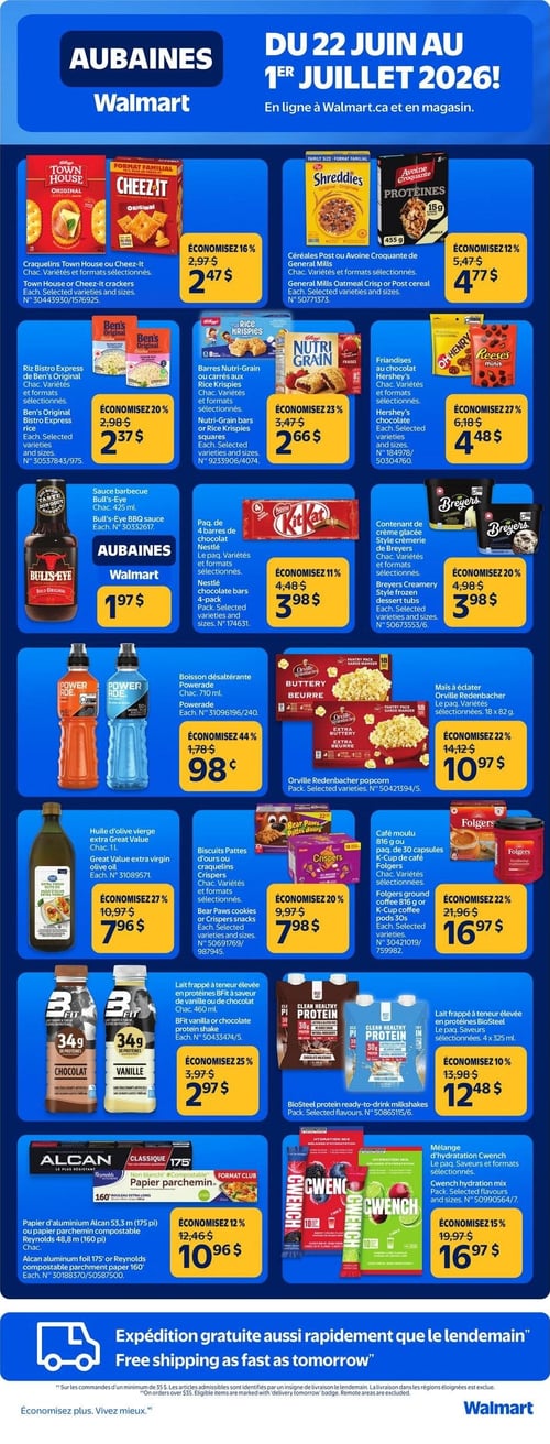 Circulaire Walmart - Page 8. La page met en vedette des aubaines valides du 22 juin au 1er juillet 2026. On y trouve des craquelins Town House ou Cheez-It à 2,47 $ (économisez 16 %), des céréales Post ou Avoine Croquante de General Mills à 4,77 $ (économisez 12 %), du riz Bistro Express de Ben's Original à 2,37 $ (économisez 20 %), des barres Nutri-Grain ou carrés aux Rice Krispies à 2,66 $ (économisez 23 %) et des friandises au chocolat Hershey's à 4,48 $ (économisez 27 %). La sauce barbecue Bull's-Eye de 425 ml est à 1,97 $. Un paquet de 4 barres de chocolat Nestlé (KitKat) est à 3,98 $ (économisez 11 %) et les contenants de crème glacée Style crémerie de Breyers sont à 3,98 $ (économisez 20 %). La boisson désaltérante Powerade de 710 ml est à 0,98 $ (économisez 44 %). Le maïs à éclater Orville Redenbacher (paquet de 18 x 82 g) est à 10,97 $ (économisez 22 %). L'huile d'olive vierge extra Great Value de 1 litre est à 7,96 $ (économisez 27 %). Les biscuits Patte d'ours ou craquelins Crispers sont à 7,98 $ (économisez 20 %). Le café moulu Folgers (816 g ou 30 capsules K-Cup) est à 16,97 $ (économisez 22 %). Les laits frappés à teneur élevée en protéines BFit (460 ml, saveur vanille ou chocolat) sont à 2,97 $ (économisez 25 %). Les laits frappés à teneur élevée en protéines BioSteel (paquet de 4 x 325 ml) sont à 12,48 $ (économisez 10 %). Le papier d'aluminium Alcan de 53,3 mètres (175 pieds) ou le papier parchemin compostable Reynolds de 48,8 mètres (160 pieds) est à 10,96 $ (économisez 12 %). Enfin, le mélange d'hydratation Cwench est à 16,97 $ (économisez 15 %). La page mentionne également l'expédition gratuite aussi rapidement que le lendemain.