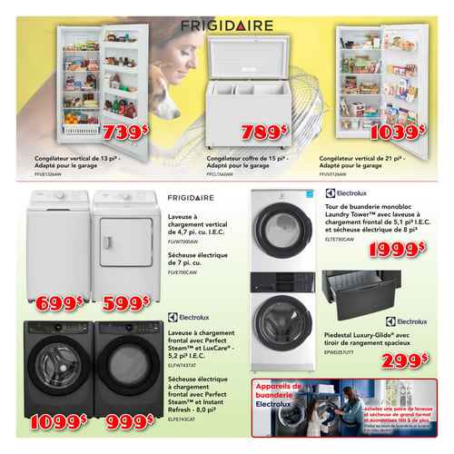 Circulaire Meubles Bernard Tanguay - Page 3. La page présente des électroménagers Frigidaire et Electrolux. En haut, trois congélateurs Frigidaire sont affichés : un congélateur vertical de 13 pieds cubes adapté pour le garage à 739 $, un congélateur coffre de 15 pieds cubes adapté pour le garage à 789 $, et un congélateur vertical de 21 pieds cubes adapté pour le garage à 1039 $. Au centre gauche, une laveuse à chargement vertical Frigidaire de 4,7 pieds cubes est à 699 $ et une sécheuse électrique Frigidaire de 7 pieds cubes est à 599 $. Au centre droit, une tour de buanderie monobloc Electrolux avec laveuse à chargement frontal de 5,1 pieds cubes et sécheuse électrique de 8 pieds cubes est offerte à 1999 $. En bas à gauche, une laveuse à chargement frontal Electrolux avec Perfect Steam et LuxCare de 5,2 pieds cubes est à 1099 $, et une sécheuse électrique à chargement frontal Electrolux avec Perfect Steam et Instant Refresh de 8,0 pieds cubes est à 999 $. En bas à droite, un piédestal Electrolux Luxury-Glide avec tiroir de rangement spacieux est à 299 $. Une offre spéciale indique d'acheter une paire de laveuse et sécheuse de grand format pour économiser 150 $ ou plus, excluant les tours de buanderie et la série 4 en bleu denim.