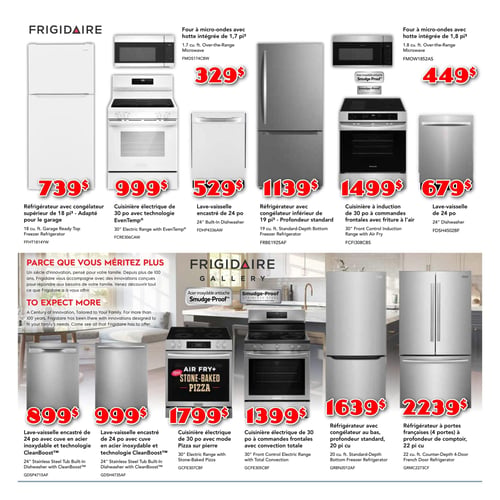 Meubles Marchand - Page 2. La page présente une sélection d'électroménagers Frigidaire. En haut, on trouve un réfrigérateur avec congélateur supérieur de 18 pi³ adapté pour le garage à 739 $, une cuisinière électrique de 30 po avec technologie EvenTemp® à 999 $, un four à micro-ondes avec hotte intégrée de 1,7 pi³ à 329 $, un lave-vaisselle encastré de 24 po à 529 $, un réfrigérateur avec congélateur inférieur de 19 pi³ à profondeur standard à 1139 $, un four à micro-ondes avec hotte intégrée de 1,8 pi³ à 449 $, une cuisinière à induction de 30 po avec commandes frontales et friture à l'air à 1499 $, et un lave-vaisselle de 24 po à 679 $. Une section texte intitulée "Parce que vous méritez plus" met en avant l'innovation de Frigidaire. En bas, sous la bannière Frigidaire Gallery, sont offerts un lave-vaisselle encastré de 24 po avec cuve en acier inoxydable et technologie CleanBoost™ à 899 $, un autre modèle de lave-vaisselle encastré de 24 po avec cuve en acier inoxydable et technologie CleanBoost™ à 999 $, une cuisinière électrique de 30 po avec mode Pizza sur pierre et Air Fry+ à 1799 $, une cuisinière électrique de 30 po à commandes frontales avec convection totale à 1399 $, un réfrigérateur avec congélateur au bas, profondeur standard, 20 pi³ à 1639 $, et un réfrigérateur à portes françaises (4 portes) à profondeur de comptoir, 22 pi³ à 2239 $.