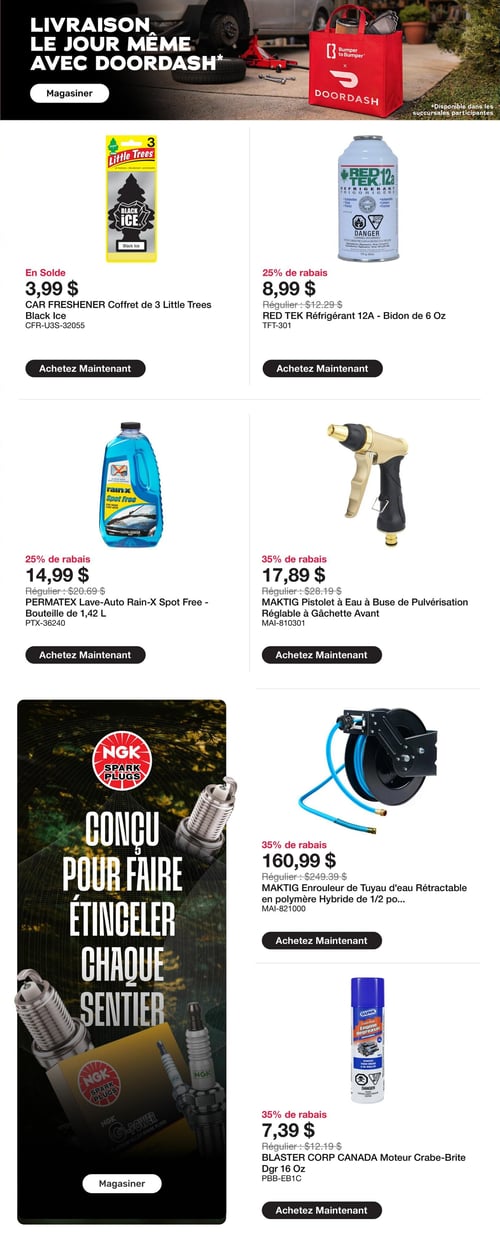 Circulaire Bumper to Bumper - Page 2. La page débute avec une promotion pour la livraison le jour même avec DoorDash. Ensuite, plusieurs offres de produits sont présentées. On trouve un coffret de 3 désodorisants Little Trees Black Ice à 3,99 $. Le réfrigérant RED TEK 12A en bidon de 6 Oz est à 8,99 $, soit 25 % de rabais (régulier 12,29 $). Le lave-auto PERMATEX Rain-X Spot Free en bouteille de 1,42 litres est à 14,99 $, avec 25 % de rabais (régulier 20,69 $). Un pistolet à eau MAKTIG à buse de pulvérisation réglable à gâchette avant est offert à 17,89 $, un rabais de 35 % (régulier 28,19 $). Une grande publicité pour les bougies d'allumage NGK "Conçu pour faire étinceler chaque sentier" occupe la partie inférieure gauche. À droite, un enrouleur de tuyau d'eau rétractable MAKTIG en polymère hybride de 1/2 pouce est à 160,99 $, soit 35 % de rabais (régulier 249,39 $). Enfin, le dégraisseur moteur BLASTER CORP CANADA de 16 Oz est à 7,39 $, avec 35 % de rabais (régulier 12,19 $).