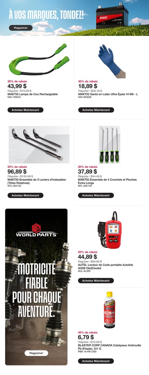 Circulaire Bumper to Bumper - Page 3. La page débute avec une publicité pour une batterie START pour pelouses et jardins, accompagnée du slogan "À vos marques, tondez!". Ensuite, six offres de produits sont présentées. À gauche, une lampe de cou rechargeable MAKTIG est à 43,99 $, soit 35 % de rabais (prix régulier 70,69 $). À droite, des gants en latex ultra épais MAKTIG (14 mil, taille L) sont offerts à 18,89 $, avec 30 % de rabais (prix régulier 28,19 $). Plus bas à gauche, un ensemble de 3 leviers d'indexation à têtes rotatives MAKTIG est à 96,89 $, représentant 25 % de rabais (prix régulier 135,59 $). À droite, un ensemble de 4 crochets et pioches extra longs MAKTIG est à 37,89 $, avec 30 % de rabais (prix régulier 54,49 $). Une publicité pour la marque WORLD PARTS, avec le texte "Motricité fiable pour chaque aventure", occupe la partie inférieure gauche de la page. Enfin, à droite, un lecteur de code portable Autolink AUTEL AI329 OBD2/EOBD est à 44,89 $, soit 25 % de rabais (prix régulier 60,89 $), et un catalyseur antirouille Blaster Corp Canada (Pb B'laster, 311 g) est à 6,79 $, avec 40 % de rabais (prix régulier 12,09 $).