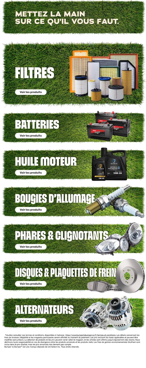 Circulaire Bumper to Bumper - Page 4. La page est intitulée "Mettez la main sur ce qu'il vous faut." et présente différentes catégories de pièces automobiles sur un fond d'herbe verte. Chaque section inclut un bouton "Voir les produits". Les catégories sont, de haut en bas : Filtres, illustrés par divers filtres à air et à huile. Batteries, montrant deux batteries de voiture. Huile moteur, avec deux bouteilles d'huile Purezone (5W-20 et 10W-30). Bougies d'allumage, représentées par deux bougies. Phares et clignotants, avec un assortiment de lumières de véhicule. Disques et plaquettes de frein, montrant un disque et des plaquettes. Enfin, Alternateurs, avec deux alternateurs. Un petit texte légal est visible en bas de page.