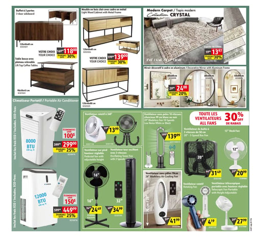 Circulaire Hart - Page 2. La page présente une variété de meubles, de décorations et d'appareils de climatisation. En haut à gauche, un buffet à 3 portes de 120x40x60 cm est offert à 118,00 $, soit 30 % de rabais. Juste en dessous, une table basse avec plateau relevable de 90x50x45 cm est présentée. À droite, un meuble en bois clair avec cadre en métal de 120x40x60 cm est à 139,00 $, également avec 30 % de rabais. Au centre supérieur, des tapis modernes de la collection Crystal sont disponibles à partir de 13,97 $, avec 30 % de rabais, en plusieurs dimensions (3'x5', 4'x6', 5'x7', 6'x8'). En dessous des tapis, des miroirs décoratifs à cadre en aluminium sont offerts : un modèle de 60x60 cm à 24,00 $ (20 % de rabais), un autre de 60x60 cm et un de 40x80 cm. La partie inférieure de la page est dédiée aux climatiseurs et ventilateurs. Un climatiseur portatif de 8000 BTU (pour 230 pi. ca.) est à 299,00 $, permettant d'économiser 100 $ (25 % de rabais). Un modèle de 12000 BTU (pour 450 pi. ca.) est à 449,99 $, permettant d'économiser 150 $ (25 % de rabais). Une bannière annonce 30 % de rabais sur tous les ventilateurs. Parmi ceux-ci, on trouve un ventilateur rotatif à 360° à 13,99 $, un ventilateur sans pales silencieux de 99 cm (blanc ou noir) à 139,99 $, un ventilateur sur pied de 16" à hauteur réglable à 24,49 $, un ventilateur tour oscillant de 32" avec 3 vitesses à 34,99 $, un ventilateur de boîte de 50 cm (20") à 31,49 $, un ventilateur de bureau de 12" à 20,99 $, un ventilateur sans pales de 70 cm à 41,99 $, un ventilateur rotatif portable à 4,19 $ et un ventilateur télescopique portable avec hauteur réglable à 27,99 $.