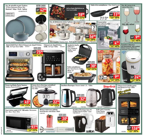Circulaire Hart - Page 3. La page présente des articles de cuisine et petits électroménagers. En haut à gauche, un ensemble de vaisselle en grès de 12 pièces est à 42,00 $, économisez 30 %. À côté, un gril en fonte de 50x23x2 cm est à 18,00 $, économisez 33 %. Une poêle à frire antiadhésive est offerte à partir de 11,89 $, économisez 30 %. Un ensemble de 4 verres à vin est à 9,00 $, économisez 40 %. Un ensemble de batterie de cuisine de 7 pièces est à 56,00 $, économisez 30 %. Des contenants de conservation pour aliments frais sont disponibles à partir de 4,79 $, économisez 40 %. Une poubelle à détecteur de mouvement sans contact de 9 litres est à 24,50 $, économisez 30 %. Au centre, une friteuse à air chaud Kalorik MAXX 9 en 1 de 15 litres, 1600 watts, est à 75,00 $, économisez 42 %. Un appareil 3 en 1 pour sandwichs, gaufres et grillades est à 30,00 $, économisez 25 %. Une poêle antiadhésive électrique de 20 cm est à 30,00 $, économisez 25 %. Un ensemble de 12 bocaux est à partir de 9,00 $, économisez 30 %. En bas de page, une presse à grillades Panini Toastess est à 45,00 $, économisez 25 %. Un cuiseur de riz électrique antiadhésif de 0,6 litre, 300 watts, pour 3 tasses, est à 22,50 $, économisez 25 %. Des bouilloires électriques Starfrit de 1,7 litre, 1500 watts, sont à 32,00 $, économisez 20 %. Une friteuse à air à double panier Starfrit de 1500 watts, 2 x 4,5 litres, est à 126,00 $, économisez 30 %. Un four à micro-onde Massimo de 0,9 pied cube, 900 watts, noir ou blanc, est à 97,50 $, économisez 25 %. Un mixeur à main Toastess avec gobelet de 700 ml est à 20,00 $, économisez 25 %. Des bouilloires électriques sans fil Salton de 1 litre sont à 20,00 $, économisez 25 %. Enfin, des grille-pain Salton à 2 tranches sont à 12,00 $, économisez 30 %.