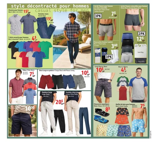 Circulaire Hart - Page 4. La page présente un style décontracté pour hommes. Dans la section supérieure gauche, une chemise pour homme est offerte à 15 $ (anciennement 20 $), et un pantalon jeans à 15 $ (anciennement 20 $). Des t-shirts assortis sont disponibles en plusieurs couleurs à 4 $ chacun (anciennement 5 $). Plus bas, des polos sont à 7 $ (anciennement 10 $). Des shorts cargo en polaire sont affichés en plusieurs couleurs à 10 $ (anciennement 15 $). Des pantalons cargo sont à 20 $ (anciennement 24,99 $), ainsi que des pantalons chino en coton à 20 $ (anciennement 24,99 $). Un short cargo pour homme est à 10 $ (anciennement 14,99 $). Dans la colonne de droite, des lots de 3 boxers en coton extensible sont à 7 $ (anciennement 10 $), et des lots de 2 boxers extensibles de marque Bentley sont à 12 $ (anciennement 15 $). Des lots de 3 paires de chaussettes pour homme sont à 3,60 $ (anciennement 6 $). Un short cargo est à 10 $ (anciennement 25 $). Des t-shirts pour hommes sont à 4 $ (anciennement 5 $). Enfin, des chaussures aquatiques sont à 8 $, et des maillots de bain pour hommes avec divers motifs sont à 7 $ (anciennement 10 $).