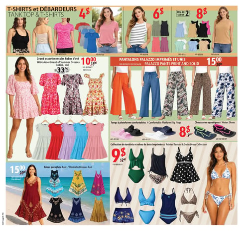 Circulaire Hart - Page 5. La page présente une variété de vêtements et accessoires pour femmes. En haut, des t-shirts et débardeurs sont offerts à 4 $, 6 $ ou 8 $ pour un ensemble de deux. Au centre gauche, un grand assortiment de robes d'été est à 10 $ (prix régulier 15 $), soit 33 % de rabais. Au centre droit, des pantalons palazzo imprimés et unis sont à 15 $ (prix régulier 20 $). Juste en dessous, des tongs à plateforme confortables sont à 8 $ (prix régulier 9,99 $) et des chaussures aquatiques sont également à 8 $ (prix régulier 9,99 $). En bas à gauche, des robes parapluie assorties sont à 15 $ (prix régulier 20 $). Enfin, en bas à droite, une collection de tankinis et robes de bain imprimées est disponible à 9 $ (prix régulier 12 $).