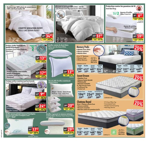 Circulaire Hart - Page 7. La page présente des articles de literie et matelas. En haut à gauche, une couette Sensation avec rembourrage 100 % plume de canard douces est offerte à partir de 34,97 $ (rég. 49,99 $), économisez 30 %. À côté, une couette en microgel 100 % coton, 233 fils, est disponible à partir de 51,97 $ (rég. 79,99 $), économisez 35 %. La section de protection contre les punaises de lit propose un ensemble de 2 housses d'oreiller à partir de 6,47 $ (rég. 9,99 $) et une housse de matelas à partir de 19,47 $ (rég. 29,99 $), les deux avec 35 % de rabais. Dans la colonne de gauche, des protections d'oreiller et de matelas parfumées à l'eucalyptus ou à la lavande sont en promotion : un paquet de 2 protège-oreillers imperméables parfum eucalyptus à partir de 13,27 $ (rég. 18,99 $), économisez 30 %; un protège-matelas imperméable parfum eucalyptus à partir de 17,47 $ (rég. 24,99 $), économisez 30 %; un protège-oreillers matelassé parfum lavande à partir de 9,07 $ (rég. 12,99 $), économisez 30 %; et un protège-matelas matelassé parfum lavande à partir de 24,47 $ (rég. 34,99 $), économisez 30 %. Au centre, un oreiller comme du duvet blanc est à 13,97 $ (rég. 19,99 $), économisez 30 %. Des oreillers matelassés Beverly Hills (Moyen, Ferme, Extra Ferme) sont à 20,97 $ (rég. 29,99 $), économisez 30 %. La section des matelas offre plusieurs modèles avec 25 % de rabais : le matelas Memory Pedic 8 ou 12 pouces, en mousse mémoire et enroulé, est à partir de 224,97 $ (rég. 299,99 $); un autre matelas Memory Pedic 20 ou 30 cm, en mousse mémoire, est à partir de 299,97 $ (rég. 399,99 $); le matelas Sweet Dream 21 cm, avec mousse haute densité et ressorts ensachés, est à partir de 194,97 $ (rég. 259,99 $); et le matelas Chateau Royal 36 cm, avec plateau coussin Euro, mousse ondulée, ressorts ensachés et barrière contre les punaises de lit, est à partir de 318,74 $ (rég. 424,99 $). En bas à gauche, un oreiller mousse mémoire avec housse à l'eucalyptus est à partir de 17,47 $ (rég. 24,99 $), économisez 30 %. Enfin, un oreiller à gousset en mousse mémoire est à 29,24 $ (rég. 44,99 $), économisez 35 %.
