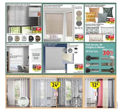 Circulaire Hart - Page 8. La page présente des articles pour la décoration de fenêtres et des coussins. En haut à gauche, des mini stores sans fil sont offerts à partir de 12,99 $, avec 30 % de rabais. Ils sont disponibles en gris, ivoire, blanc, noir et chocolat, en plusieurs largeurs et hauteurs de 114 cm ou 162,5 cm. Au centre supérieur, un store à rouleau aspect lin occultant, hauteur 195,5 cm, est à partir de 20,97 $, avec 30 % de rabais. Il est proposé en beige-taupe, gris-taupe et gris, en plusieurs largeurs. En haut à droite, des coussins chenille touffeté géométrique de 50x50 cm sont à 14,00 $ (anciennement 20,00 $), et des coussins en velours à motifs floraux de 30x50 cm sont à 7,00 $ (anciennement 10,00 $), les deux avec 30 % de rabais. Au centre gauche, un store pare-soleil sans cordon, hauteur 195,5 cm, offrant 10 % de filtration de la lumière, est à partir de 27,97 $, avec 30 % de rabais, disponible en plusieurs largeurs. Au centre, des stores cellulaires sans fil, hauteur 162,5 cm, sont à partir de 27,97 $, avec 30 % de rabais, disponibles en blanc, gris et noir, en plusieurs largeurs. Au centre droit, tous les ensembles de tringles à rideaux bénéficient d'un rabais de 30 %. En bas, un assortiment de rideaux à œillets est présenté : des rideaux brodés de 132x213 cm, des rideaux voile effiloché de 132x213 cm et des rideaux occultants floraux de 132x213 cm, ces deux derniers étant à 24 $ le paquet de 2. Enfin, des rideaux en voile sont à 12 $ le paquet de 2, disponibles en 137x274 cm, 137x244 cm et 137x213 cm, dans des couleurs comme le blanc, le rouge et le gris.