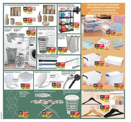 Circulaire Hart - Page 9. La page présente des articles pour la salle de bain, la buanderie et le rangement. En haut à gauche, des ensembles d'accessoires de salle de bain sont offerts : un ensemble de 3 pièces à 14,00 $ (30 % d'économie) et un ensemble de 4 pièces à 17,50 $ (30 % d'économie). Juste en dessous, des paniers à linge sont disponibles : un modèle de 40 ou 60 litres à 10,00 $ (28 % d'économie) et un panier à linge avec couvercle de 65 litres à 9,00 $ (25 % d'économie). Au centre gauche, des étagères en plastique dur à 4 niveaux sont à 25,00 $ (50 % d'économie), et un sac à linge haut de 35x38x57 cm est à 15,00 $ (40 % d'économie). Plus bas, des tringles pour rideaux de douche assorties de 41x76 pouces sont à 7,50 $ (25 % d'économie). En bas à gauche, des sièges de toilette sont présentés : un modèle de 42x36 cm à 11,25 $ (25 % d'économie). Un autre siège de toilette et une pomme de douche à main sont offerts au choix à 15,00 $ chacun (25 % d'économie). Un séchoir à linge pliable à 3 niveaux est à 24,00 $ (40 % d'économie), une planche à repasser de 43 pouces est à 28,00 $ (30 % d'économie), et un panier à linge avec couvercle de 45 litres est à 6,00 $ (33 % d'économie). Sur le côté droit, une sélection de bacs de rangement avec couvercle et verrouillage est mise en vedette : un bac de 70 litres (rose ou bleu) à 12,00 $ (33 % d'économie), un bac de 5 litres à 3,00 $ (40 % d'économie), un bac de 60 litres à 12,00 $ (33 % d'économie), un bac de 35 litres à 12,00 $ (33 % d'économie), un bac de 75 litres à 12,00 $ (45 % d'économie) et un bac de 120 litres à 18,00 $ (18 % d'économie). Enfin, en bas à droite, des ensembles de 5 cintres en bois sont offerts : un paquet de 5 cintres noirs à 5,00 $ (37 % d'économie) et un paquet de 5 cintres en bois naturel à 5,00 $ (28 % d'économie).