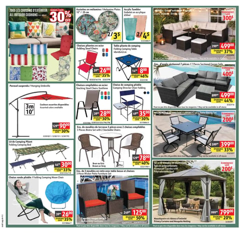 Circulaire Hart - Page 11. La page présente des articles pour l'extérieur et le camping. En haut à gauche, tous les coussins d'extérieur sont à 30 % de rabais. À droite, des assiettes en mélamine de 25 cm sont offertes à 2 pour 3,00 $ et des gobelets en acrylique de 650 ml à 2 pour 4,00 $. L'ensemble d'extérieur ARIANA de 6 pièces est à 499,00 $, vous faisant économiser 300 $. Des chaises pliantes en acier sont à 26,00 $ (35 % de rabais) et une table pliante de camping de 48x48x42 cm est à 8,00 $ (46 % de rabais). Un ensemble d'angle sectionnel de 7 pièces est à 499,00 $, économisez 400 $. Un parasol suspendu de 3 mètres est à 90,00 $ (30 % de rabais), disponible en couleurs assorties. Des chaises empilables en acier Textilene sont à 28,00 $ (30 % de rabais) et une chaise de camping pliable est à 35,00 $ (30 % de rabais). L'ensemble d'extérieur MELROSE de 5 pièces est à 399,00 $, économisez 200 $. Un lit de camping pliant est à 30,00 $ (33 % de rabais). Un ensemble de meubles de terrasse de 3 pièces avec 2 chaises empilables est à 78,00 $ (40 % de rabais), disponible en brun ou gris. Une chaise ronde pliable est à 26,00 $ (35 % de rabais). Un ensemble de 3 meubles en rotin avec table basse et chaises est à 125,00 $ (50 % de rabais), avec coussins rouges ou gris. Enfin, un gazebo en aluminium de 12 pieds par 10 pieds avec toit en polycarbonate est à 799,00 $ (20 % de rabais), incluant moustiquaire et rideaux d'intimité.