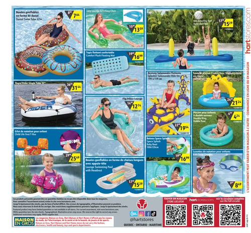 Circulaire Hart - Page 12. La page présente une variété d'articles de piscine et de jeux d'eau. On y trouve des bouées gonflables en forme de donut de 42 pouces à 7,64 $, une chaise longue gonflable Lazy Lounge à 13,59 $ et un ensemble de volley-ball gonflable de 8 pieds à 15,29 $. Une bouée Rapid Rider simple de 53 pouces est affichée à 31,44 $, un tapis flottant confortable à 16,99 $, et une salamandre flottante Bestway Splashin' de 191 x 119 cm à 19,54 $. Une tente et piscine Sunny Days de 40x38x28 pouces est disponible à 21,24 $. On voit aussi une chaise longue gonflable Flip Pillow à 12,74 $ et une piscine pour enfants à double anneau à 4,24 $. Pour les plus jeunes, un gilet de natation T-Rex pour enfant est à 25,49 $, des bouées gonflables en forme de chaises longues avec appuie-tête à 15,29 $, un bateau Space Splash pour bébé de 100x120 cm à 16,99 $, et des lunettes de natation pour enfants à 8,49 $.
