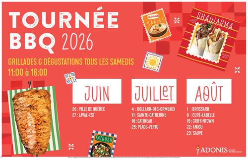 Circulaire Adonis - Page 9. La page annonce la "Tournée BBQ 2026" avec des grillades et dégustations tous les samedis de 11h00 à 16h00. Visuellement, on y voit une grande broche de shawarma, ainsi que des illustrations de houmous Habibi, de salade fatoush et de deux wraps shawarma (bœuf et poulet). Les dates et lieux des événements sont listés : en juin, le 20 à Ville de Québec et le 27 à Laval-Est ; en juillet, le 4 à Dollard-des-Ormeaux, le 11 à Sainte-Catherine, le 18 à Gatineau et le 25 à Place-Vertu ; en août, le 1er à Brossard, le 8 à Curé-Labelle, le 15 à Griffintown, le 22 à Anjou et le 29 à Sauvé.
