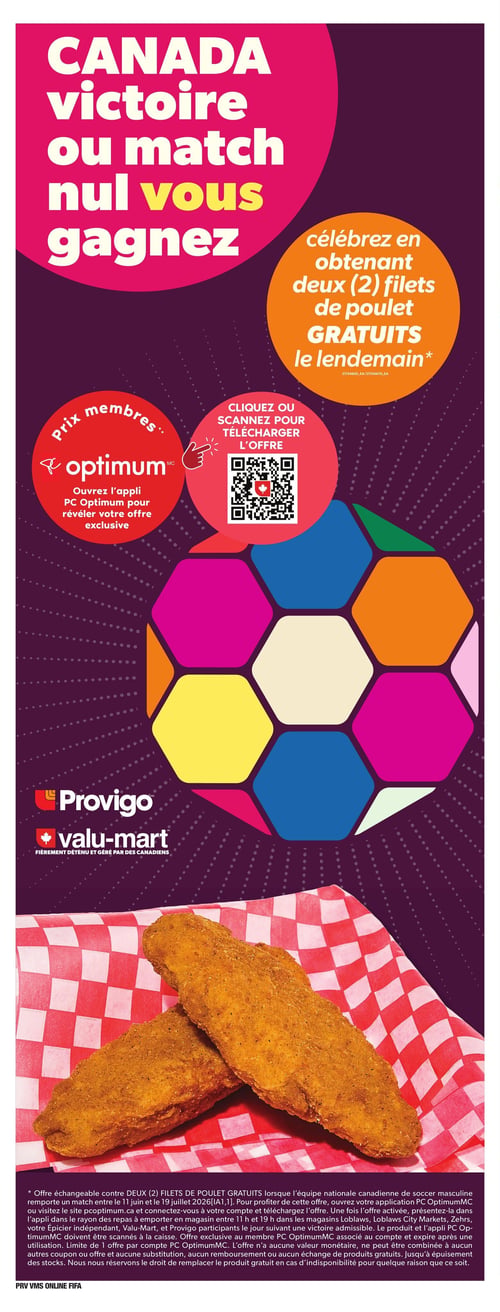 Circulaire Provigo - Page 2. La page présente une variété de produits frais et d'épicerie. En vedette, la portion de côtes de flanc de porc est à 3,50 $ la livre et le poulet entier est à 2,49 $ la livre, vendu en emballage de 2. On trouve aussi des filets de truite arc-en-ciel fraîche à 10 $ la livre et du saumon coho fumé Nanuk à 18 $. Les cerises géantes sont offertes à 3 $ la livre.

Dans la section des fruits et légumes, les concombres anglais sont à 1 $ chacun, les poivrons de serre Délices du Marché à 3,50 $ et le maïs deux couleurs Délices du Marché à 3,50 $ pour 4 épis.

Parmi les offres PC Optimum, les salades hachées avec garniture sont à 7 $ (obtenez 2000 points), et les vinaigrettes réfrigérées Renée's sont à 2 pour 12 $ (obtenez 1000 points à l'achat de 2). Les charcuteries tranchées PC ou le jambon naturel de charcuterie PC sont à 6 $. Le Parmigiano Reggiano PC Splendido est à 4,40 $ / 100 g. Les grappes de crabe des neiges canadien IFC cuites sont à 18 $. Les ailes de poulet Flamingo BBQ ou Buffalo sont à 10 $.

On retrouve également les yogourts Astro Original ou Liberté Méditerranéen à 3,50 $. Les plats cuisinés PC ou Menu Bleu PC sont à 8 $ pour les membres (12 $ prix régulier). Les fruits surgelés PC ou la crème glacée PC Collection Noire sont à 4,50 $ (obtenez 1000 points). Les croustilles de tortilla PC ou Kettle Cooked sont à 2,50 $. L'eau pétillante PC ou Menu Bleu est à 5,75 $ pour 12 x 355 ml.

Pour les produits d'entretien, le détergent à lessive liquide Tide, l'assouplissant textile Downy, les feuilles pour sécheuse Bounce ou le liquide à vaisselle Dawn sont à 5 $. Le papier hygiénique Cashmere (8-16 rouleaux) ou les mouchoirs Scotties (6 unités) sont à 4,99 $ pour les membres (11,99 $ prix régulier).

Une offre exclusive sur l'application permet d'obtenir au moins 10 000 points (valeur de 10 $) en magasinant du jeudi 2 au dimanche 5 juillet.