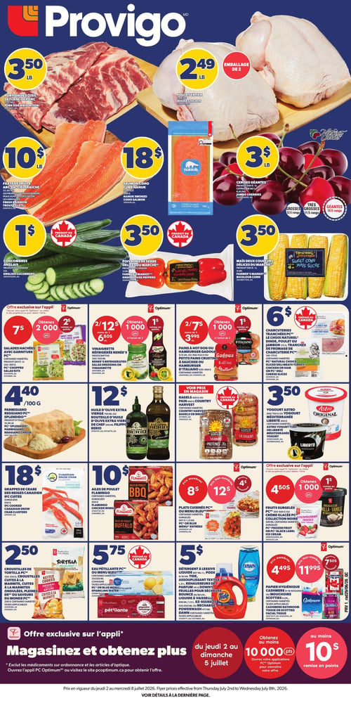 Circulaire Provigo - Page 1. La page met en avant une promotion spéciale : "CANADA victoire ou match nul vous gagnez". Les clients peuvent célébrer en obtenant deux (2) filets de poulet gratuits le lendemain d'une victoire ou d'un match nul de l'équipe nationale canadienne de soccer masculin, entre le 11 juin et le 19 juillet 2026. Une section "Prix membres Optimum" invite à ouvrir l'application PC Optimum pour révéler une offre exclusive. Un code QR est disponible pour télécharger l'offre. Au centre, un grand motif composé d'hexagones colorés (bleu, jaune, rose, orange, vert) est visible. En bas de page, deux filets de poulet panés sont présentés sur un papier ciré à carreaux rouges et blancs. Les logos Provigo et Valu-Mart sont affichés, avec la mention "FIÈREMENT DÉTENU ET GÉRÉ PAR DES CANADIENS".