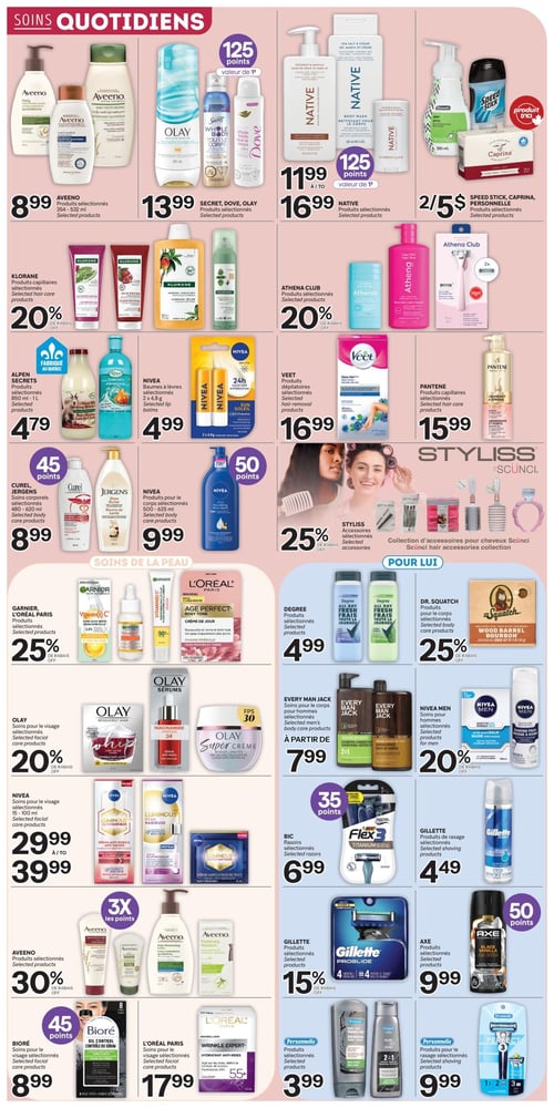Circulaire Brunet - Page 5. La page est divisée en sections pour les soins quotidiens, les soins de la peau et les produits pour hommes. Dans la section "Soins Quotidiens", on trouve les produits Aveeno sélectionnés (354-532 ml) à 8,99 $. Les produits Secret, Dove ou Olay sélectionnés sont à 13,99 $ avec 125 points bonis. Les produits Native sélectionnés sont offerts à 11,99 $ ou 16,99 $ avec 125 points bonis. Les produits Speed Stick ou Caprina sélectionnés sont à 2 pour 5 $. Les produits capillaires Klorane sélectionnés bénéficient de 20 % de rabais. Les produits Athena Club sélectionnés ont 20 % de rabais. Les produits Alpen Secrets sélectionnés (850 ml - 1 L), fabriqués au Québec, sont à 4,79 $. Les baumes à lèvres Nivea sélectionnés (2 x 4,8 g) sont à 4,99 $. Les produits dépilatoires Veet sélectionnés sont à 16,99 $. Les produits capillaires Pantene sélectionnés sont à 15,99 $. Les soins corporels Curel ou Jergens sélectionnés (480-620 ml) sont à 8,99 $ avec 45 points bonis. Les produits pour le corps Nivea sélectionnés (500-625 ml) sont à 9,99 $ avec 50 points bonis. Les accessoires Styliss sélectionnés bénéficient de 25 % de rabais, incluant une collection d'accessoires pour cheveux Scünci. Dans la section "Soins de la Peau", les produits Garnier ou L'Oréal Paris sélectionnés ont 25 % de rabais. Les soins pour le visage Olay sélectionnés ont 20 % de rabais. Les soins pour le visage Nivea sélectionnés (15-100 ml) varient de 29,99 $ à 39,99 $. Les produits Aveeno sélectionnés ont 30 % de rabais et donnent 3x les points. Les soins pour le visage Bioré sélectionnés sont à 8,99 $ avec 45 points bonis. Les soins pour le visage L'Oréal Paris sélectionnés sont à 17,99 $. Dans la section "Pour Lui", les produits Degree sélectionnés sont à 4,99 $. Les produits pour le corps Dr. Squatch sélectionnés ont 25 % de rabais. Les soins pour hommes Every Man Jack sélectionnés sont à partir de 7,99 $. Les soins pour hommes Nivea Men sélectionnés ont 20 % de rabais. Les rasoirs Bic sélectionnés sont à 6,99 $ avec 35 points bonis. Les produits de rasage Gillette sélectionnés sont à 4,49 $. Les produits Gillette Proglide sélectionnés ont 15 % de rabais. Les produits Axe sélectionnés sont à 9,99 $ avec 50 points bonis. Les produits Personnelle sélectionnés sont à 3,99 $. Les produits pour le rasage Personnelle sélectionnés sont à 9,99 $.