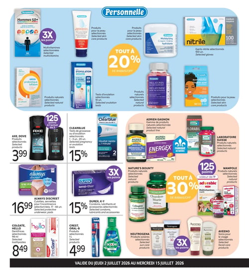 Circulaire Brunet - Page 2. La page présente une variété de produits de santé et de bien-être. Une offre générale propose tout à 20 % de rabais sur une sélection de produits Personnelle, incluant les multivitamines Hommes 50+ (90 comprimés) avec 3x les points, l'onguent réparateur (80 g), la crème hydratante (453 g), les gants en nitrile (100 unités), le probiotique bifidum (50 capsules), le test d'ovulation numérique (10 unités), la mélatonine (150 gélules) et les timbres acné (36 timbres). On retrouve ensuite les produits Axe ou Dove sélectionnés à 3,99 $ chacun, avec 125 points à l'achat de 3. Les tests de grossesse ou d'ovulation Clearblue (1 à 3 unités ou 20 unités) sont à 15 % de rabais. La gamme de produits naturels Adrien Gagnon est sélectionnée, ainsi que les produits naturels Laboratoire Suisse (Florabil Artichaut, Mélatonine Gummies 5 mg). Les produits naturels Wampole sélectionnés, comme les multivitamines liquides et le sirop immunité Adorable, offrent 125 points d'une valeur de 1 $. Plus bas, les culottes ou serviettes pour l'incontinence Always Discreet (17 à 66 unités) sont à 16,99 $. Les produits, lubrifiants et accessoires Durex ou K-Y sélectionnés sont à 15 % de rabais. Une sélection de produits naturels Nature's Bounty, incluant le collagène pour articulations et le chardon-Marie 1000 mg, est tout à 30 % de rabais. Les dentifrices Colgate ou Hello sélectionnés (98 ml) sont à 8,49 $. Les produits Crest ou Oral-B sélectionnés (1 litre) sont à 4,99 $. Les produits solaires Neutrogena sélectionnés, comme l'Ultra Sheer FPS 60, donnent 3x les points. Enfin, les soins pour le visage Aveeno sélectionnés sont également présentés.