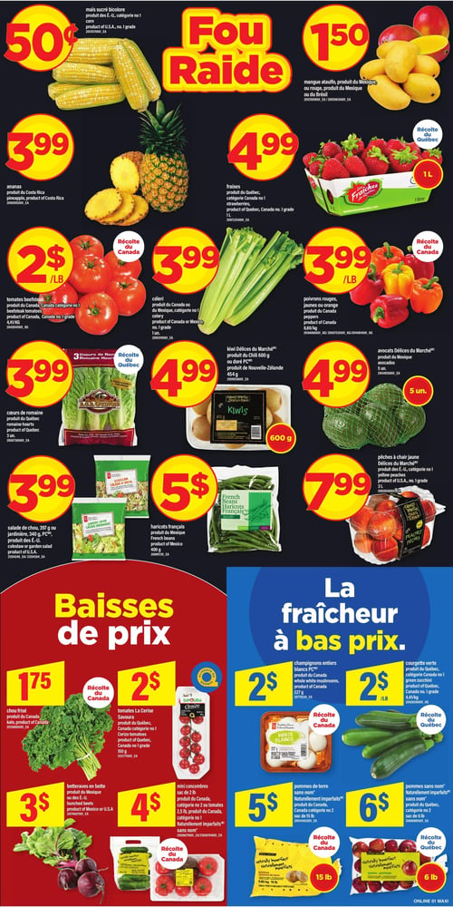 Circulaire Maxi - Page 3. La page présente une variété de fruits et légumes frais. En haut, le maïs sucré bicolore est à 0,50 $ l'unité et la mangue ataulfo est à 1,50 $. L'ananas est offert à 3,99 $ et les fraises du Québec de 1 litre à 4,99 $. Les tomates beefsteak du Canada sont à 2 $ la livre, le céleri à 3,99 $ l'unité et les poivrons rouges, jaunes ou orange du Canada à 3,99 $ la livre. Les cœurs de romaine du Québec (3 unités) sont à 3,99 $. Les kiwis Délices du Marché (600 g ou 454 g) et les avocats Délices du Marché (5 unités) sont chacun à 4,99 $. La salade de chou ou jardinière PC (397 g ou 340 g) est à 3,99 $, les haricots français (400 g) à 5 $ et les pêches à chair jaune Délices du Marché (3 litres) à 7,99 $. Une section "Baisses de prix" propose le chou frisé du Canada à 1,75 $, les tomates La Cerise Savoura du Québec (150 g) à 2 $, les betteraves en botte à 3 $ et les mini concombres (sac de 2 livres) ou tomates naturellement imparfaites (2,5 livres) à 4 $. Une section "La fraîcheur à bas prix" inclut les champignons entiers blancs PC (227 g) à 2 $, la courgette verte du Québec à 2 $ la livre, les pommes de terre naturellement imparfaites du Canada (sac de 15 livres) à 5 $ et les pommes naturellement imparfaites du Québec (sac de 6 livres) à 6 $.
