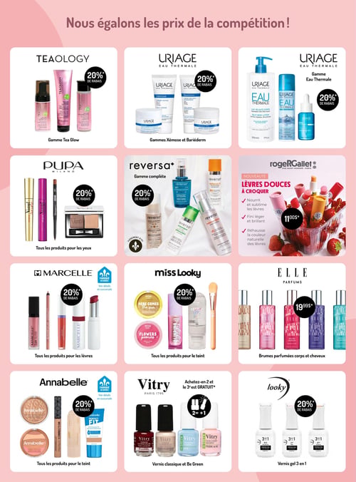 Circulaire Horizon Santé - Page 6. La page débute par l'accroche "Nous égalons les prix de la compétition!". La première rangée présente des offres sur les soins du visage : la gamme Teaology Tea Glow, les gammes Uriage Xémose et Bariéderm, ainsi que la gamme Uriage Eau Thermale, toutes à 20 % de rabais. La deuxième rangée met en vedette les produits pour les yeux Pupa Milano à 20 % de rabais, la gamme complète Reversa (produit "Fièrement d'ici") également à 20 % de rabais, et la nouveauté Roger&Gallet "Lèvres douces à croquer" à 11,00 $, qui nourrit, sublime et rehausse la couleur naturelle des lèvres. La troisième rangée propose les produits pour les lèvres Marcelle (fabriqués au Québec) à 20 % de rabais, tous les produits pour le teint Miss Looky à 20 % de rabais, et les brumes parfumées corps et cheveux Elle Parfums à 19,99 $. Enfin, la dernière rangée inclut tous les produits pour le teint Annabelle (fabriqués au Québec) à 20 % de rabais, les vernis classiques et Be Green de Vitry avec une offre "achetez-en 2, le 3e est gratuit", et les vernis gel 3 en 1 Looky à 20 % de rabais.