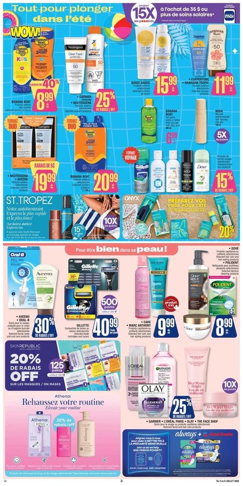 Circulaire Jean Coutu - Page 4. La page est intitulée "Tout pour plonger dans l'été" et met en avant une offre de 15x les points sur les soins solaires à l'achat de 35 $ ou plus. On y trouve les produits solaires Banana Boat en format familial à 40 % de rabais, soit 8,99 $ chacun. Les produits solaires Neutrogena Clear Face et Ombrelle Sport sont à 25 % de rabais. Les produits solaires Bondi Sands sont offerts à 15,99 $ chacun, tandis que les produits solaires Coppertone et Hawaiian Tropic sont à 11,99 $ chacun. Le gel après-soleil à l'aloès Banana Boat de 480 ml est à 6,99 $. La mousse autobronzante Nuda de 190 ml donne 5x les points. Des duos de produits solaires Neutrogena et Aveeno sont à 19,99 $, et les duos Banana Boat sont à 20,99 $. Les produits autobronzants St. Tropez bénéficient de 15 % de rabais et de 10x les points. Une sélection de produits de format voyage (Gillette, Tresemmé, Dove) est à 15 % de rabais. Les produits de soins des pieds Onyx sont à 20 % de rabais. La section "Pour être bien dans sa peau!" propose les soins pour le corps ou d'hygiène buccale Aveeno et Oral-B à 30 % de rabais. Les cartouches de lames ou rasoirs Gillette ProShield sont à 40,99 $ l'emballage, avec 500 points d'une valeur de 4 $. Les produits capillaires et coiffants Cake et Marc Anthony sont à 9,99 $ chacun. Les produits capillaires et coiffants Dove, ainsi que les nettoyants pour prothèses dentaires Polident, sont à 8,99 $ chacun. Les masques Skinrepublic sont à 20 % de rabais, avec 125 points d'une valeur de 1 $. Une sélection de soins pour le visage et produits capillaires Garnier, L'Oréal Paris, Olay et The Face Shop est à 25 % de rabais, avec 10x les points sur la mousse nettoyante The Face Shop Rice Water Bright. Les produits de soins pour le corps et de rasage Athena sont à 20 % de rabais. Enfin, la page met en avant le partenariat Always + Jean Coutu pour aider à mettre fin à la précarité menstruelle, avec un appel aux dons.