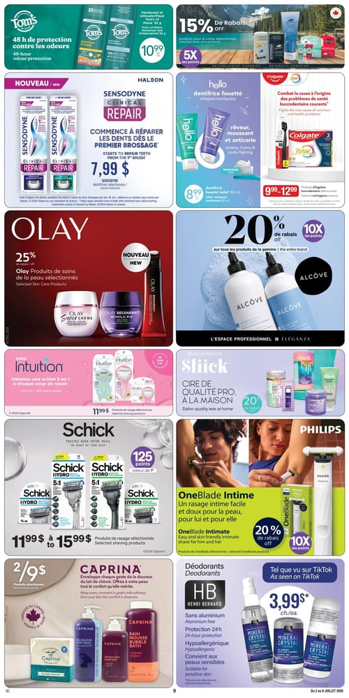 Circulaire Jean Coutu - Page 12. La page présente plusieurs offres de produits de soins personnels et d'hygiène. En haut à gauche, le déodorant et antisudorifique Tom's of Maine 92 g est à 10,99 $ chacun, offrant 48 heures de protection contre les odeurs. À côté, 15 % de rabais est offert sur des produits pour le corps sélectionnés, avec 5x les points. Au centre gauche, le nouveau dentifrice Sensodyne Clinical Repair 75 ml est à 7,99 $, aidant à réparer les dents dès le premier brossage. À sa droite, le dentifrice fouetté Hello 82 ml est à 8,99 $ chacun, et des produits d'hygiène buccodentaire Colgate sélectionnés sont offerts de 9,99 $ à 12,99 $. Au milieu de la page, 25 % de rabais est appliqué sur les produits de soins de la peau Olay sélectionnés, incluant les crèmes Super Crème et Regenerist. À droite, 20 % de rabais est offert sur tous les produits de la gamme Alcôve, avec 10x les points, montrant un shampoing et un revitalisant. Plus bas à gauche, les produits de rasage Schick Intuition sélectionnés sont à 11,99 $, promettant une action 3 en 1. À côté, la cire de qualité professionnelle Sliick est en rabais de 20 %. En bas à gauche, les produits de rasage Schick Hydro sélectionnés sont de 11,99 $ à 15,99 $, avec 125 points bonis. À sa droite, le rasoir Philips OneBlade Intime, pour un rasage facile et doux, est en rabais de 20 % et offre 10x les points. Enfin, les produits Caprina sélectionnés, comme le gel douche, le savon à main et le bain moussant au lait de chèvre, sont à 2 pour 9 $. Les déodorants Henri Bernard sans aluminium, protection 24 heures, hypoallergéniques et convenant aux peaux sensibles, sont à 3,99 $ chacun, tels que vus sur TikTok.