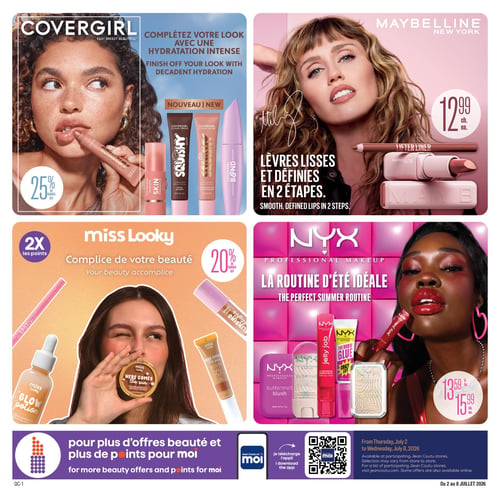 Circulaire Jean Coutu - Page 2. La page présente des offres sur des produits de beauté. En haut à gauche, la marque Covergirl offre 25 % de rabais sur des produits pour compléter un look hydratant, incluant un baume à lèvres Squishy Glaze, un rehausseur de teint Skin Enhancer et un mascara Lash Blast Bond. En haut à droite, les produits Maybelline New York pour des lèvres lisses et définies en 2 étapes, comme un crayon à lèvres Lifter Liner et un rouge à lèvres, sont offerts à 12,99 $ chacun. En bas à gauche, la marque Miss Looky propose 2x les points et 20 % de rabais sur des produits tels qu'un sérum Glow Potion, une poudre bronzante Here Comes the Sun, un brillant à lèvres et un fond de teint. En bas à droite, la routine d'été idéale de NYX Professional Makeup est présentée avec des produits à 13,59 $ à 15,99 $ chacun, incluant un fard à joues Buttermelt Blush, un gel à sourcils The Brow Glue, un illuminateur et un brillant à lèvres Jelly Job. Un encart en bas de page invite à télécharger l'application Jean Coutu et moi pour plus d'offres beauté et de points. Les offres sont valides du jeudi 2 juillet au mercredi 8 juillet 2026.