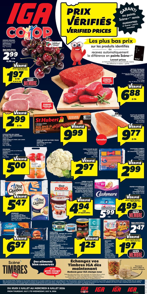 Circulaire IGA Coop Nouveau Brunswick - Page 1. La page met en avant les « Prix Vérifiés », garantissant les prix les plus bas ou des points Scène+ remis. En vedette, les cerises rouges des États-Unis à 2,99 $ le kilogramme, ou 1,97 $ le kilogramme avec la carte Scène+. Le bifteck français ou cubes de bœuf pour brochettes, format familial, est à 6,88 $ la livre. Les côtelettes de longe de porc frais désossées, coupe du centre, format familial, sont à 2,99 $ la livre. Les côtes de dos de porc frais St-Hubert, miel épicé, format de 600 ou 625 grammes, sont à 9,99 $. Les filets de saumon atlantique frais sont à 9,77 $ la livre. Les poivrons du Canada ou du Mexique sont offerts à 5,00 $ pour 1,14 kilogramme. Le chou-fleur blanc du Québec est à 2,97 $. Les saucisses fumées Hygrade (450 grammes) ou saucisses fumées au poulet Mina (675 grammes) sont à 2,99 $. Le fromage P'tit Québec (400 grammes) ou fromage râpé (300 ou 320 grammes) est à 5,47 $. La crème glacée Häagen-Dazs (414 ou 450 millilitres), le yogourt glacé Iögo (900 millilitres) ou les friandises glacées sont à 4,94 $ plus taxes. Le papier hygiénique Cashmere, double (12 rouleaux), est à 5,99 $ ou 4,99 $ plus taxes avec la carte Scène+. Le produit de fromage fondu tranché Kraft Singles, Velveeta ou Extra Cheddar (795 grammes) est à 6,97 $. Le thon pâle aromatisé, entier ou listao Clover Leaf (85 ou 170 grammes), le mélange à sauce ou assaisonnement St-Hubert (398 millilitres), les légumes Compliments (341 ou 398 millilitres) ou le pâté de viande à tartiner Paris Pâté (78 grammes) sont à 1,25 $. Les biscuits Dare (Petits Plaisirs, Maxi-Fruits, Pattes d'Ours, Suprême, Metco, Ultimate, Normandie Cookies), formats variés, sont à 2,47 $ sans carte Scène+ ou 1,97 $ avec la carte Scène+. Une promotion