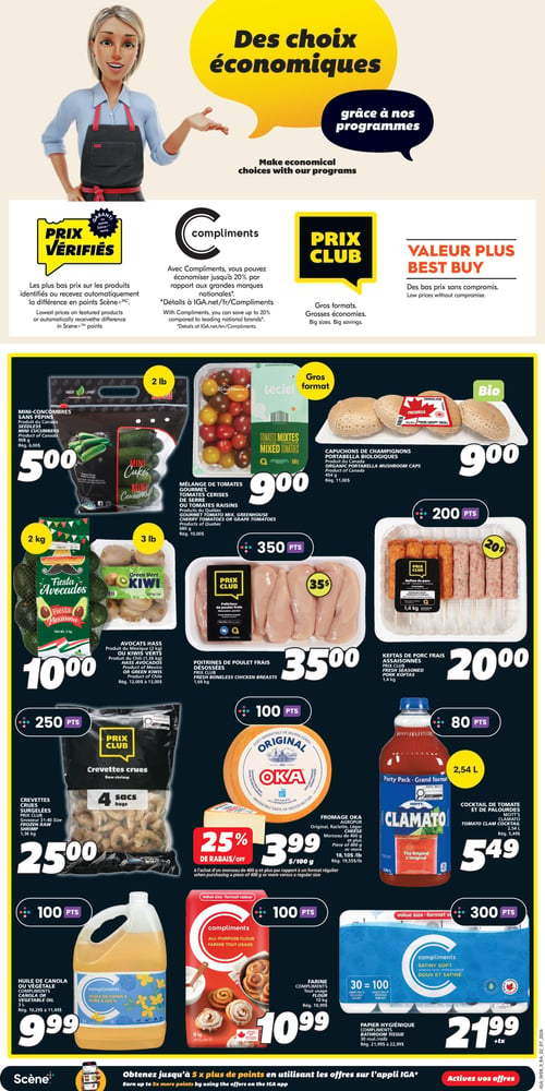 Circulaire IGA Coop Nouveau Brunswick - Page 12. La page met en avant des "choix économiques" grâce aux programmes "Prix Vérifiés", "Compliments", "Prix Club" et "Valeur Plus". Les offres incluent : mini-concombres sans pépins de 908 g à 5,00 $; mélange de tomates gourmet, cerises ou raisins de 680 g à 9,00 $; capuchons de champignons Portabella biologiques de 454 g à 9,00 $ (200 points); avocats Hass de 2 kg ou kiwis verts de 1,36 kg à 10,00 $; poitrines de poulet frais désossées de 1,66 kg à 35,00 $ (350 points); keftas de porc frais assaisonnés de 1,4 kg à 20,00 $ (200 points); crevettes crues surgelées (4 sacs) de 1,36 kg à 25,00 $ (250 points); fromage Oka Original, Raclette ou Léger (morceau de 400 g ou plus) avec 25 % de rabais (100 points); cocktail de tomate et de palourdes Mott's Clamato de 2,54 L à 5,49 $ (80 points); huile de canola ou végétale Compliments de 3 L à 9,99 $ (100 points); farine tout usage Compliments de 10 kg à 10,99 $ (100 points); et papier hygiénique Compliments doux et satiné (30 rouleaux, équivalent 100 rouleaux simples) à 21,99 $ + taxes (300 points). Une bannière en bas de page encourage à obtenir jusqu'à 5 fois plus de points en utilisant l'application IGA.