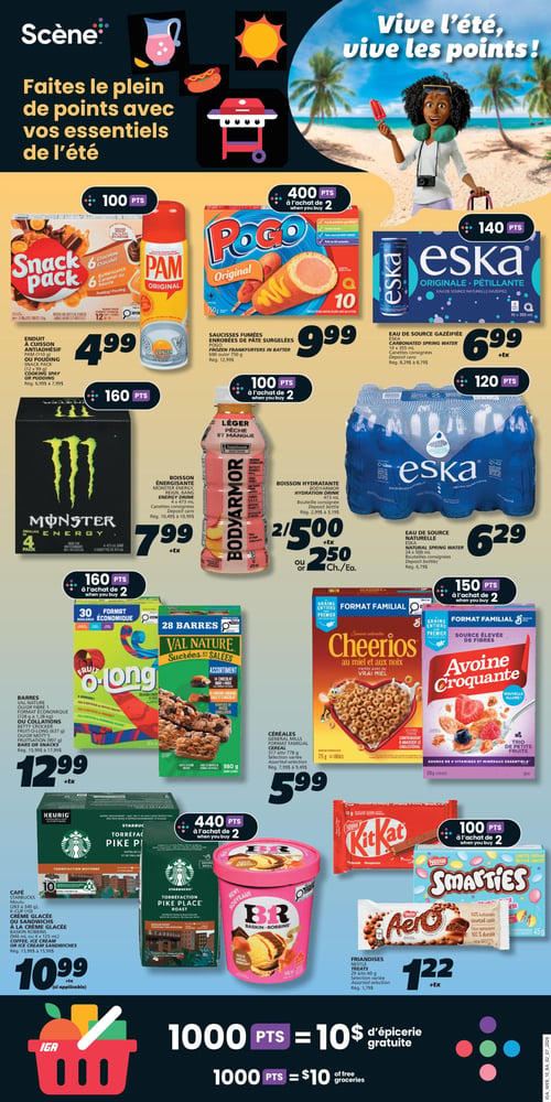 Circulaire IGA Coop Nouveau Brunswick - Page 13. La page est intitulée "Vive l'été, vive les points! Faites le plein de points avec vos essentiels de l'été" et présente plusieurs offres de produits avec des points bonis.

En haut, on trouve l'enduit à cuisson antiadhésif Pam (310 g) ou les poudings Snack Pack (12 x 99 g) pour 4,99 $, avec 100 points. À côté, les saucisses fumées enrobées de pâte surgelées Pogo (600 g ou 750 g) sont à 9,99 $, avec 400 points à l'achat de deux. L'eau de source gazéifiée Eska (10 x 355 ml) est offerte à 6,99 $, avec 140 points.

Au centre, la boisson énergisante Monster (4 canettes de 473 ml) est à 7,99 $, avec 160 points. La boisson hydratante Bodyarmor (473 ml) est à 2 pour 5,00 $ ou 2,50 $ chacune, avec 100 points à l'achat de deux. L'eau de source naturelle Eska (24 x 500 ml) est à 6,29 $, avec 120 points.

Plus bas, les barres Val Nature (28 barres, 980 g) ou les collations Fruit-O-Long de Betty Crocker (30 rouleaux, 637 g ou 907 g) sont à 12,99 $, avec 160 points à l'achat de deux. Les céréales General Mills (717 g à 778 g ou 570 g), incluant Cheerios et Avoine Croquante, sont à 5,99 $, avec 150 points à l'achat de deux.

En bas de page, le café Starbucks moulu (283 g à 340 g), en capsules K-Cup (10 unités), la crème glacée ou les sandwichs à la crème glacée Baskin Robbins (946 ml ou 4 x 125 ml) sont à 10,99 $, avec 440 points à l'achat de deux. Les friandises Nestlé (25 g à 60 g), incluant Kit Kat, Smarties et Aero, sont à 1,22 $, avec 100 points à l'achat de deux.

Un encart en bas indique que 1000 points équivalent à 10 $ d'épicerie gratuite.