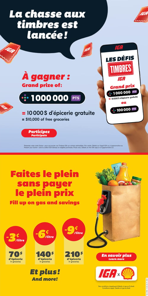 IGA Coop Nouveau Brunswick - Page 15. La page présente deux promotions distinctes. En haut, une promotion intitulée "La chasse aux timbres est lancée!". Le grand prix est de 1 000 000 points ou 10 000 $ d'épicerie gratuite. Un prix secondaire de 100 000 points est également affiché sur un téléphone mobile illustrant "Les défis timbres". Un bouton invite à participer. Les détails mentionnent de présenter la carte Scène+ pour accumuler les timbres IGA sur les achats admissibles. La section inférieure, sur fond jaune, promeut l'offre "Faites le plein sans payer le plein prix". Une illustration montre un sac d'épicerie rempli de produits et une pompe à essence. Des rabais par litre sont offerts selon le montant des achats d'épicerie : 3 ¢ de rabais par litre pour 70 $ d'épicerie, 6 ¢ de rabais par litre pour 140 $ d'épicerie, et 9 ¢ de rabais par litre pour 210 $ d'épicerie. La promotion est un partenariat IGA et Shell. Des conditions s'appliquent, avec plus de détails disponibles sur iga.ca/fr/shell.
