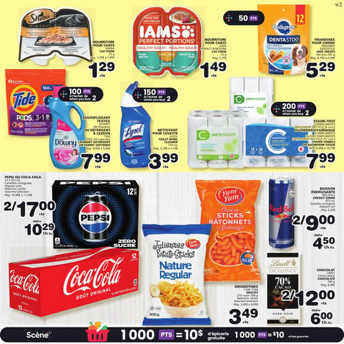 Circulaire Les Marchés Tradition - Page 6. La page présente des offres sur des produits d'épicerie et d'entretien ménager. En haut, la nourriture pour chats Sheba, 75 g, est à 1,29 $. À côté, la nourriture pour chats Iams Perfect Portions, 75 g, est à 1,49 $. Suivent les friandises pour chiens Pedigree Dentastix, 169 à 292 g, à 5,29 $. Au centre, l'assouplissant textile Downy (60 brassées) ou le détergent à lessive Tide Pods (20 capsules) sont à 7,99 $, avec 100 points à l'achat de 2. Le nettoyant pour cuvette Lysol, 710 ml, est à 3,99 $, avec 150 points à l'achat de 2. L'essuie-tout Compliments (6 rouleaux) ou le papier hygiénique Compliments (12 rouleaux) sont à 7,99 $, avec 200 points à l'achat de 2. En bas, les boissons gazeuses Pepsi ou Coca-Cola, 12 canettes de 355 ml, sont offertes à 2 pour 17,00 $ ou 10,29 $ l'unité. Les grignotines Yum Yum, bâtonnets au fromage 270 g ou juliennes Nature Régulier 300 g, sont à 3,49 $. La boisson énergisante Red Bull, 473 ml, est à 2 pour 9,00 $ ou 4,50 $ l'unité. Enfin, le chocolat Lindt Excellence 70% cacao, 100 g, est à 2 pour 12,00 $ ou 6,00 $ l'unité. Une bannière en bas de page indique que 1000 points équivalent à 10 $ d'épicerie gratuite.