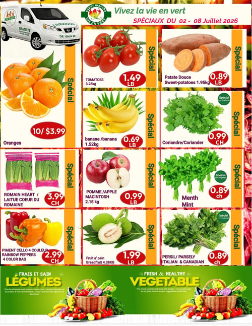 Circulaire Marché Vie en Vert - Page 1. La page débute avec une image d'une camionnette de livraison blanche du Marché Vie en Vert, offrant la livraison gratuite pour les commandes de plus de 40 $, de 10 h à 20 h. Le titre de la circulaire est "Vivez la vie en vert" avec les spéciaux du 2 au 8 juillet 2026. La page est divisée en sections de produits frais. On y trouve dix oranges pour 3,99 $. Des tomates sont offertes à 1,49 $ la livre (3,28 kg). La patate douce est à 0,89 $ la livre (1,95 kg). La banane est à 0,69 $ la livre (1,52 kg). La coriandre est à 0,99 $ chaque, un spécial pour longtemps. La laitue cœur de romaine est à 3,99 $ chaque. La pomme McIntosh est à 0,99 $ la livre (2,18 kg). La menthe est à 0,89 $ chaque, un spécial pour longtemps. Un sac de piments de 4 couleurs est à 2,99 $ chaque. Le fruit à pain est à 1,99 $ la livre (4,38 kg). Enfin, le persil italien et canadien est à 0,89 $ chaque, un spécial pour longtemps. En bas de page, une bannière verte avec le texte "Frais et sain Légumes" et "Fresh & Healthy Vegetable" présente un panier débordant de fruits et légumes colorés, avec un texte encourageant à ajouter de la couleur à son alimentation.
