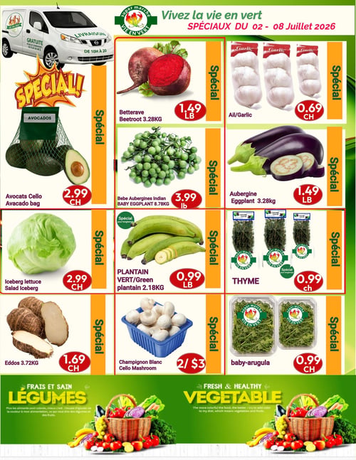 Marché Vie en Vert - Page 2. La page met en vedette une sélection de fruits et légumes frais. On y trouve de la betterave à 1,49 $ la livre, de l'ail à 0,69 $ chacun, des avocats en sac à 2,99 $ chacun, des bébés aubergines indiennes à 3,99 $ la livre, et de l'aubergine à 1,49 $ la livre. Sont également offerts la laitue iceberg à 2,99 $ chacun, le plantain vert à 0,99 $ la livre, le thym à 0,99 $ chacun, l'eddos à 1,69 $ chacun, les champignons blancs à 2 pour 3 $, et la bébé roquette à 0,99 $ chacun. Une section en bas de page promeut les légumes frais et sains, encourageant l'ajout de couleurs dans l'alimentation.