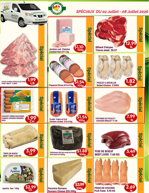 Marché Vie en Vert - Page 4. La page met en avant des spéciaux sur la viande et les produits de charcuterie. En haut à gauche, une annonce pour la livraison gratuite pour les commandes de plus de 40 $, disponible de 10 h à 20 h. Les offres incluent : les côtes levées d'épaule de porc à 1,99 $ la livre, le jambon cuit Fletcher à 1,10 $ les 100 g, et le bifteck d'aloyau à 12,99 $ la livre. On trouve aussi le peperoni Roma à 1,54 $ les 100 g, le poulet à bouillir à 1,82 $ la livre, et les saucisses fumées Harvest Creek de 450 g à 1,99 $ le paquet. D'autres promotions comprennent le poulet Cajun et Cuit à 1,54 $ les 100 g, la poitrine de poulet à 7,99 $ la livre, la tripe de boeuf à 3,99 $ la livre, le rôti de ronde de boeuf Deliclassic à 1,88 $ les 100 g, et le foie de boeuf à 3,49 $ la livre. Enfin, le fromage feta Apetina de 100 g est à 2,99 $ le paquet, le fromage Pecorino Romano à 3,99 $ les 100 g, et les pieds de cochon à 2,69 $ la livre.