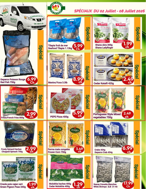 Circulaire Marché Vie en Vert - Page 7. La page met en avant des spéciaux valides du 2 au 8 juillet 2026. En haut à gauche, une publicité pour la livraison gratuite pour les commandes de plus de 40 $ de 10h à 20h. La page est organisée en plusieurs rangées de produits. On y trouve du tilapia fruit de mer de 1,13 kg à 5,99 $ l'unité, de l'okra Shana de 300 g à 1,99 $ l'unité, et du poisson rouge Geparco de 750 g à 6,99 $ l'unité. Du manioc de 3,3 livres est offert à 8,99 $ l'unité, ainsi que du kataifi Cedar de 425 g à 2,49 $ l'unité. Une sélection de frites (droites, ondulées, allumettes) de 800 g est disponible à 2,99 $ l'unité. La pizza toute garnie PEPE de 400 g est à 5,99 $ l'unité, et les légumes mélangés style portugais Ferma de 750 g sont à 2,49 $ l'unité. Des épinards hachés Frosty de 750 g sont à 2,99 $ l'unité, et du maïs congelé Ferma de 750 g à 3,49 $ l'unité. Du crabe Geparco de 454 g est affiché à 6,99 $ l'unité. Enfin, des pois cajan verts Créole de 340 g sont à 1,99 $ l'unité, de la molokhia hachée Cedar de 400 g à 1,29 $ l'unité, et des crevettes blanches Searay de 2 livres (calibre 31-40) à 17,99 $ l'unité.