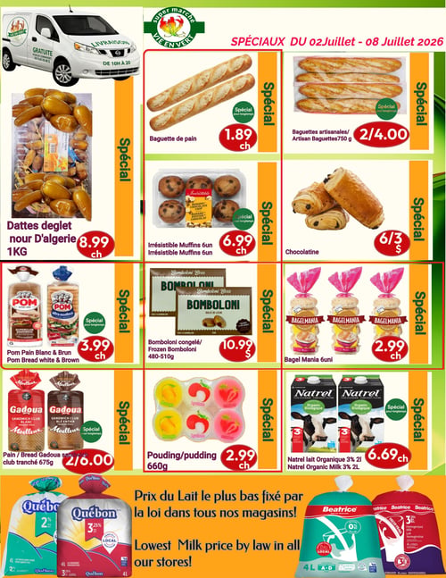 Circulaire Marché Vie en Vert - Page 8. La page débute avec une annonce de livraison gratuite pour les commandes de plus de 40 $, disponible de 10h à 20h. Les spéciaux présentés incluent les dattes deglet nour d'Algérie de 1 kg à 8,99 $. Au rayon boulangerie, la baguette de pain est à 1,89 $ l'unité, et les baguettes artisanales de 750 g sont offertes à 2 pour 4,00 $. Les muffins Irrésistible (paquet de 6) sont à 6,99 $ l'unité, et les chocolatine sont 6 pour 3,00 $. Le pain blanc ou brun Pom est à 3,99 $ l'unité, les bomboloni congelés de 480 à 510 g à 10,99 $, et les bagels Mania (paquet de 6) à 2,99 $ l'unité. On trouve également le pain sandwich club tranché Gadoua de 675 g, 2 pour 6,00 $, le pouding de 660 g à 2,99 $ l'unité, et le lait biologique Natrel 3 % de 2 litres à 6,69 $ l'unité. En bas de page, une déclaration indique que le prix du lait est le plus bas fixé par la loi dans tous les magasins, illustrée par des sacs de lait Québon 2 % et 3,25 % de 4 litres, ainsi que des sacs de lait Beatrice 0 % et 3,25 % de 4 litres.