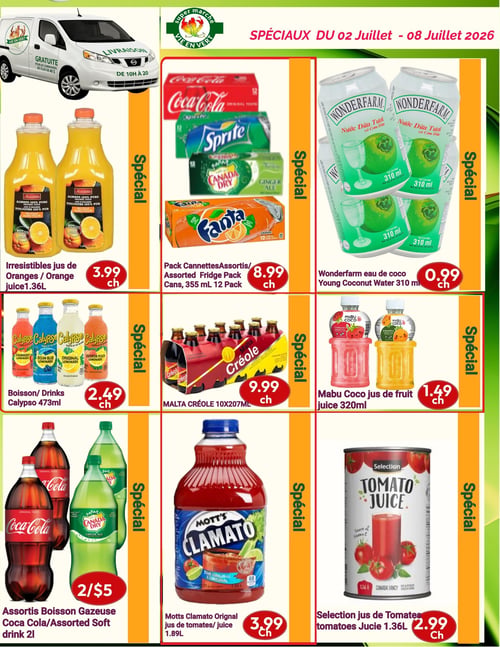 Marché Vie en Vert - Page 9. La page débute avec une bannière de livraison gratuite pour les commandes de plus de 40 $, disponible de 10h à 20h. Ensuite, la page présente des spéciaux sur les boissons. On y trouve le jus d'orange Irrésistibles de 1,36 L à 3,99 $ chacun. Un pack de 12 canettes assorties de Coca-Cola, Sprite ou Fanta de 355 ml est offert à 8,99 $ chacun. L'eau de coco Wonderfarm de 310 ml est à 0,99 $ chacun. Les boissons Calypso de 473 ml sont à 2,49 $ chacun. La Malta Créole, en paquet de 10 bouteilles de 207 ml, est à 9,99 $ chacun. Le jus de fruits Mabu Coco de 320 ml est à 1,49 $ chacun. Les boissons gazeuses assorties Coca-Cola ou Canada Dry de 2 L sont disponibles à 2 pour 5 $. Le jus de tomates Mott's Clamato Original de 1,89 L est à 3,99 $ chacun. Enfin, le jus de tomates Sélection de 1,36 L est à 2,99 $ chacun.