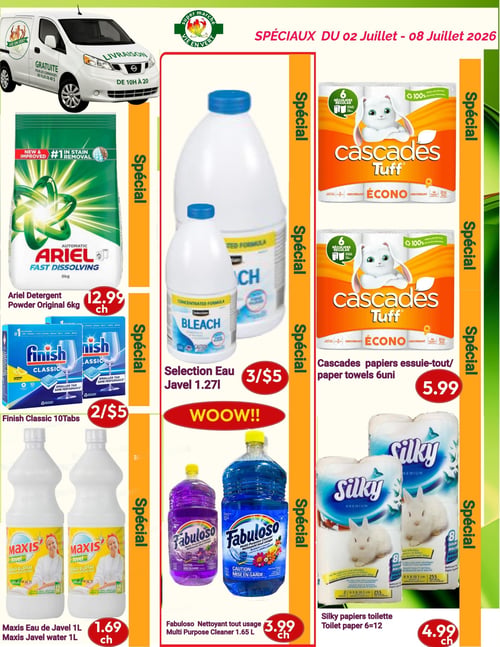 Circulaire Marché Vie en Vert - Page 10. La page met en avant une offre de livraison gratuite pour les commandes de plus de 40 $ entre 10h et 20h. Plusieurs produits d'entretien ménager sont en promotion. On trouve le détergent en poudre Ariel original de 6 kg à 12,99 $ chacun. Les tablettes pour lave-vaisselle Finish Classic de 10 unités sont offertes à 2 pour 5 $. L'eau de Javel Maxis de 1 L est à 1,69 $ chacun. L'eau de Javel Selection de 1,27 L est disponible à 3 pour 5 $. Le nettoyant tout usage Fabuloso de 1,65 L est à 3,99 $ chacun. Les papiers essuie-tout Cascades de 6 unités sont à 5,99 $. Enfin, les papiers toilette Silky de 6 rouleaux (équivalent 12) sont à 4,99 $ chacun.